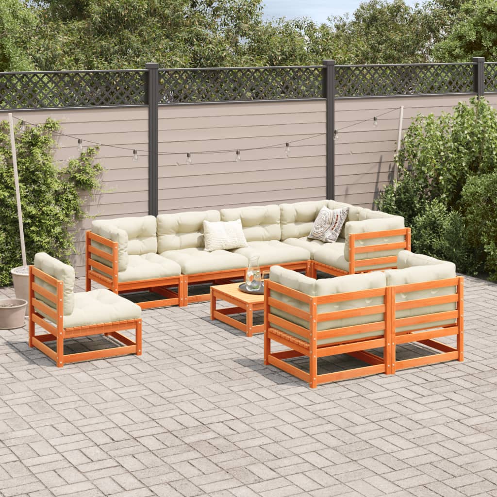 Salon de jardin 9 pcs avec coussins marron cire bois pin massif