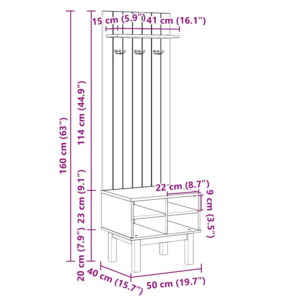 Meuble d'entrée OTTA 50x40x160 cm bois massif de pin