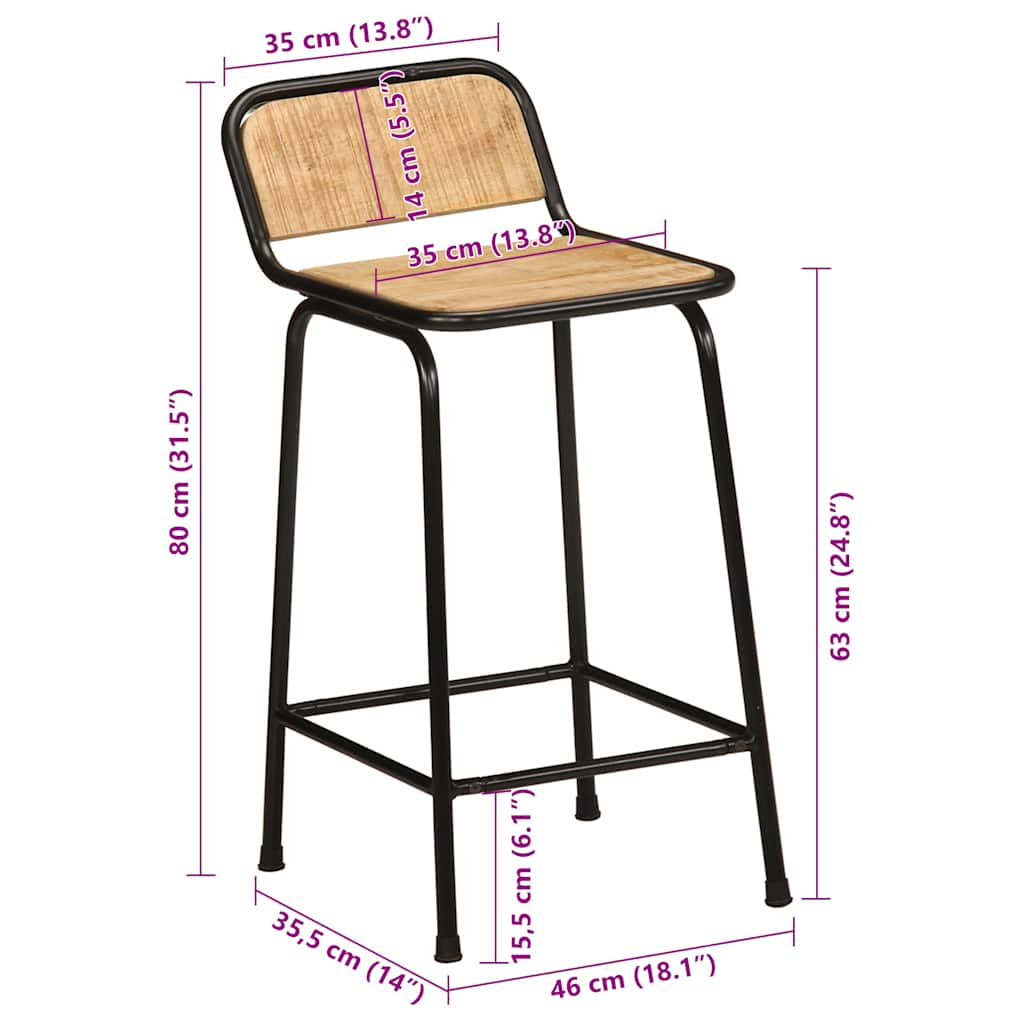 Tabourets de bar lot de 2 bois massif manguier brut