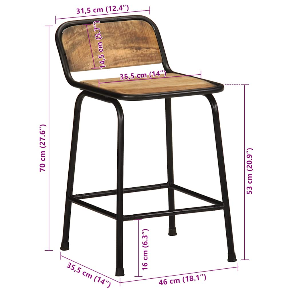 Tabourets de bar lot de 4 bois massif manguier brut