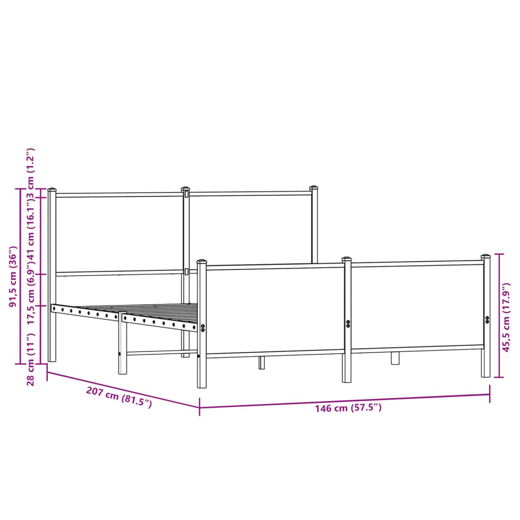 Cadre de lit en métal sans matelas chêne fumé 140x200 cm