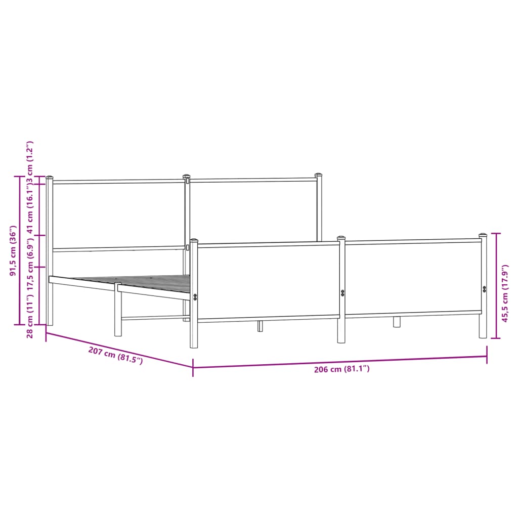 Metallbettgestell ohne Matratze, Räuchereiche 200x200 cm