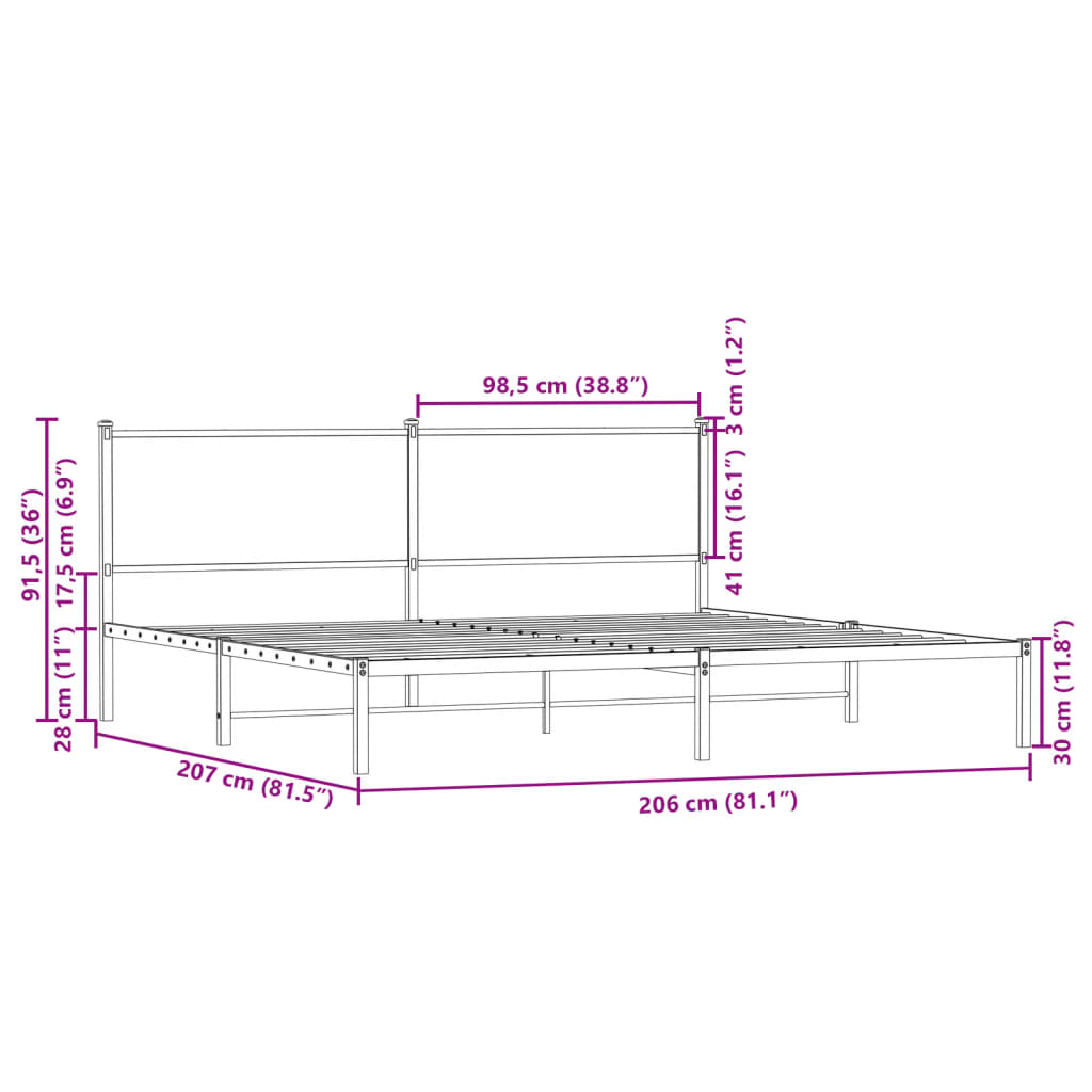 Metallbettgestell ohne Matratze, braune Eiche, 200 x 200 cm