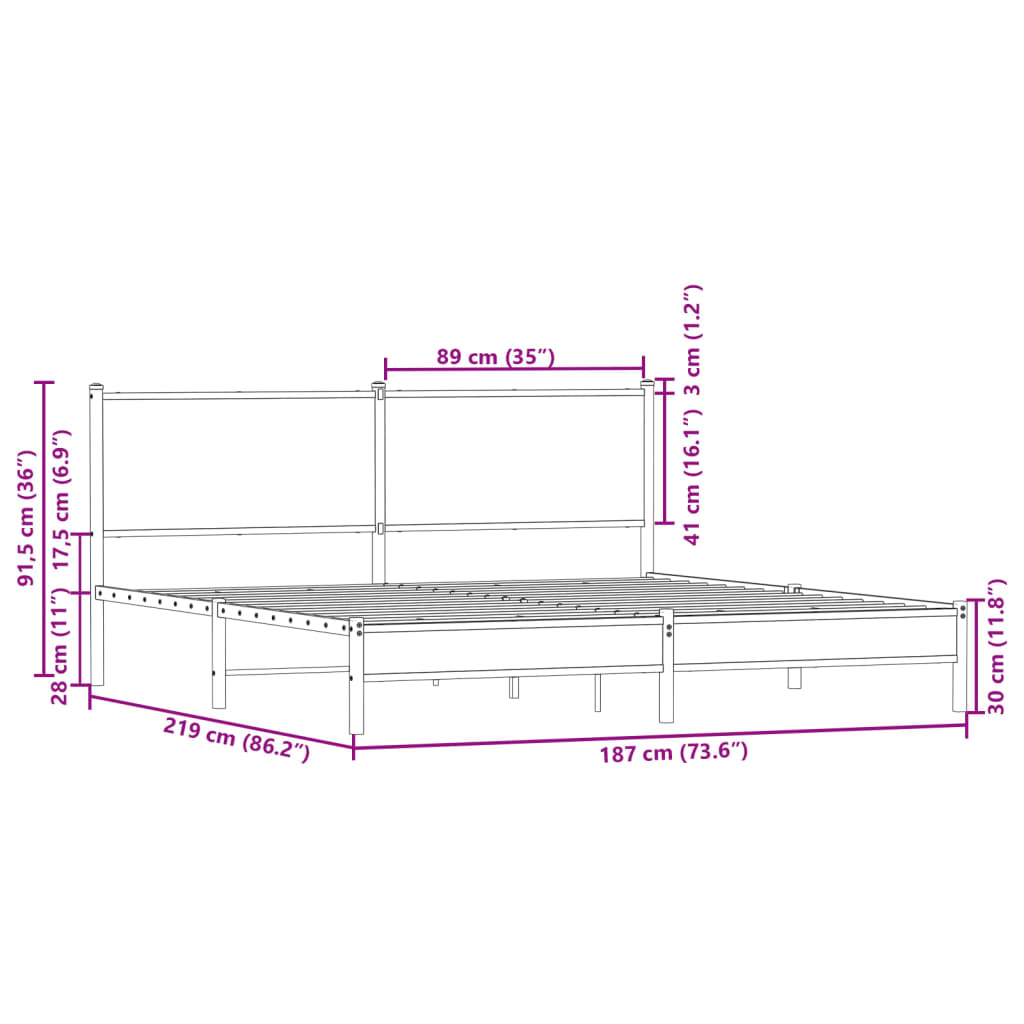 Cadre de lit en métal sans matelas chêne fumé 183x213 cm