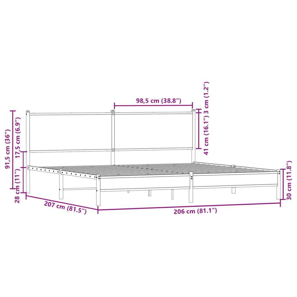 Metallbettgestell ohne Matratze, Räuchereiche 200x200 cm