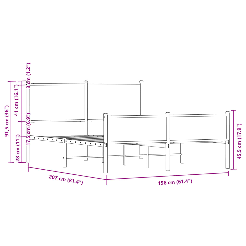 Cadre de lit en métal sans matelas chêne fumé 150x200 cm