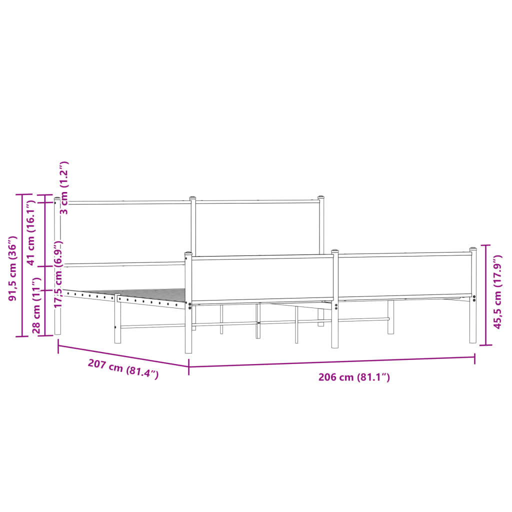 Cadre de lit en métal sans matelas chêne fumé 200x200 cm