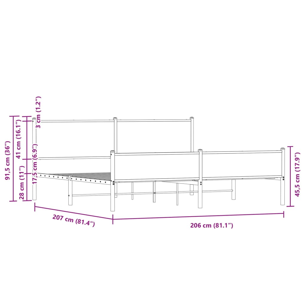 Cadre de lit en métal sans matelas chêne sonoma 200x200 cm