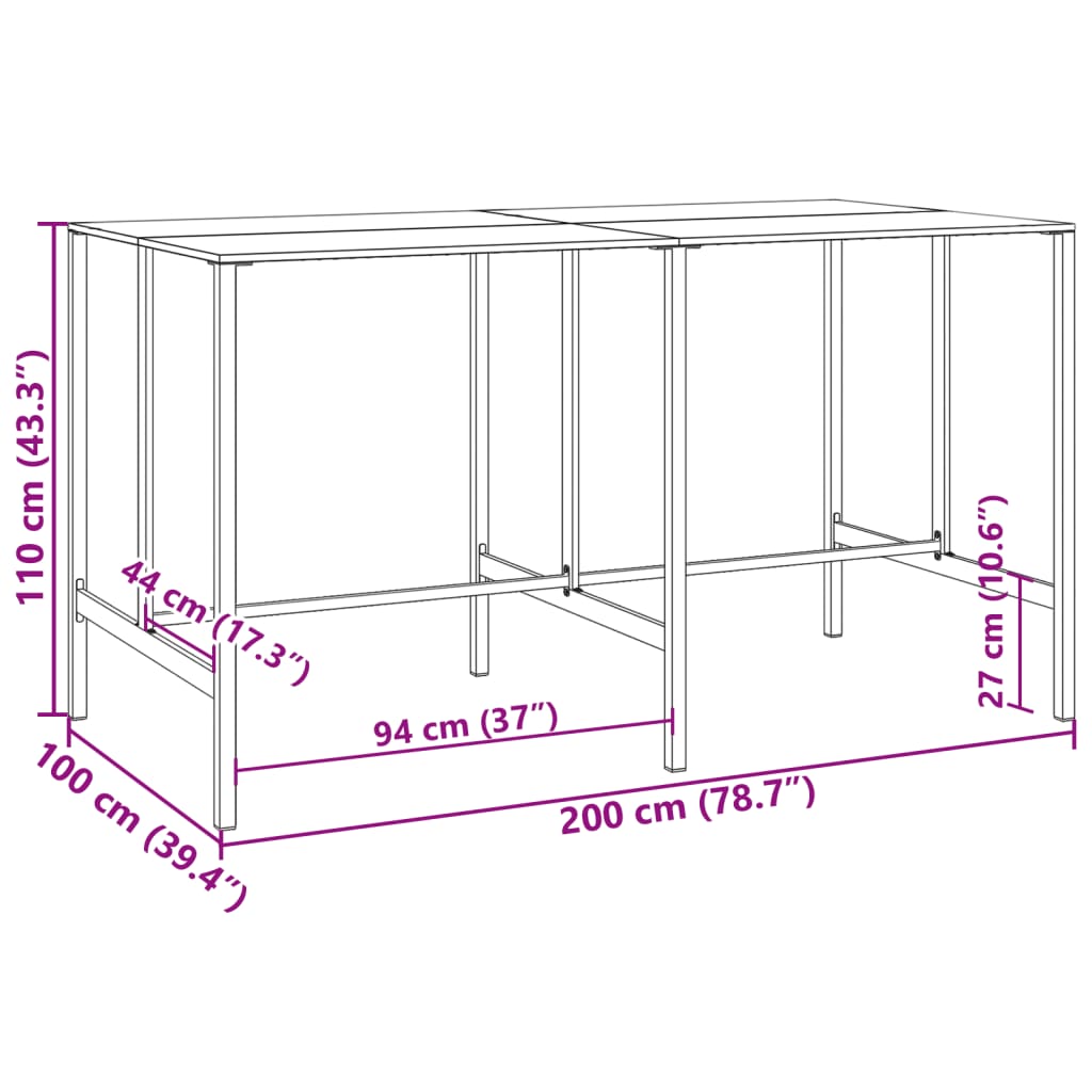 Table de bar noir 200x100x110 cm acier enduit de poudre