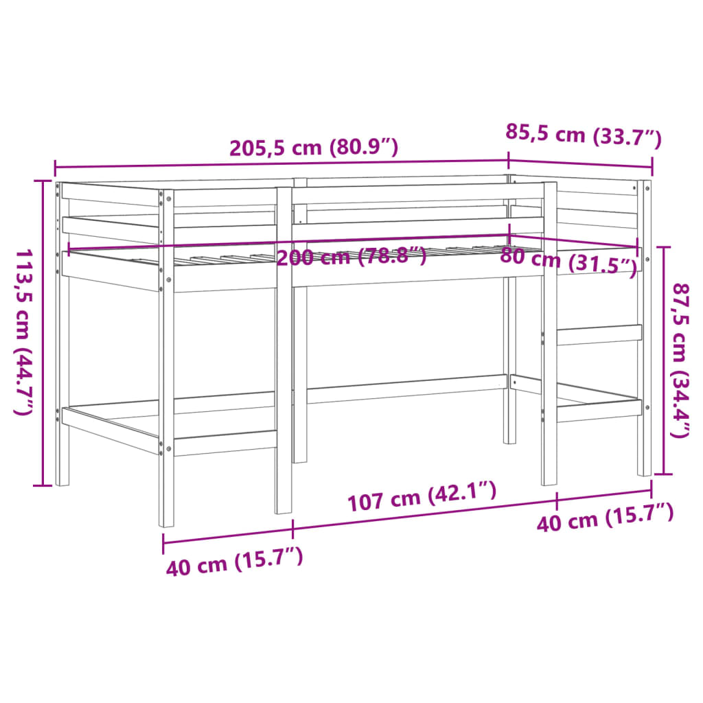 Kinderhochbett ohne Matratze mit Leiter 80x200 cm