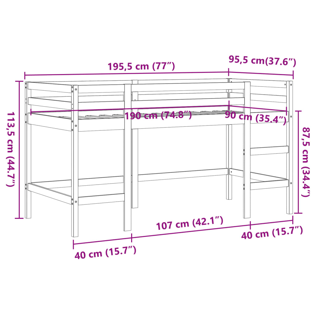 Kinderhochbett ohne Matratze mit Leiter 90x190 cm