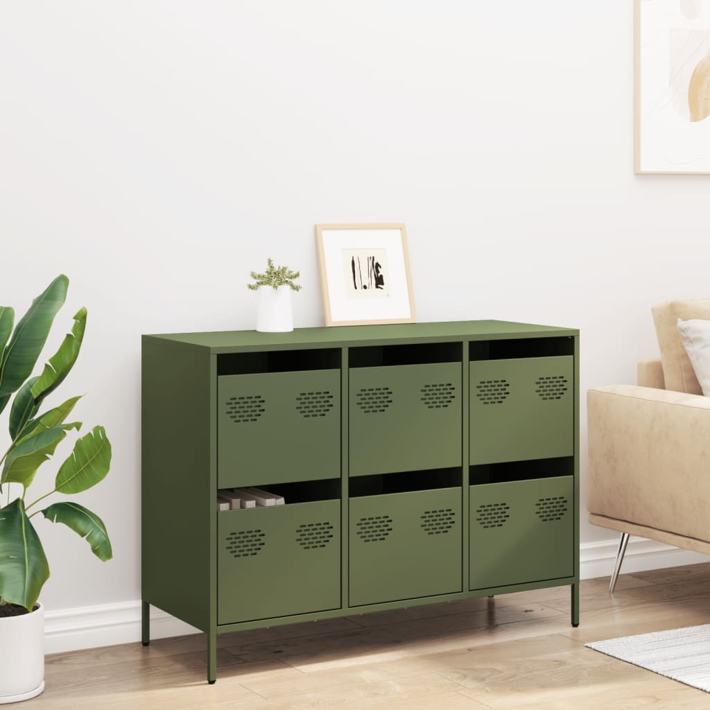 Olivgrünes Sideboard 101,5 x 39 x 73,5 cm aus kaltgewalztem Stahl