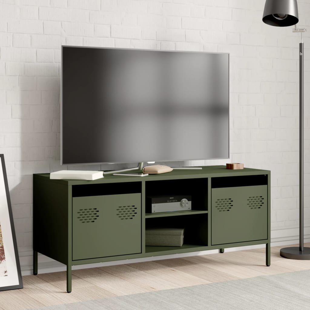 Meuble TV vert olive 101,5x39x43,5 cm acier laminé à froid