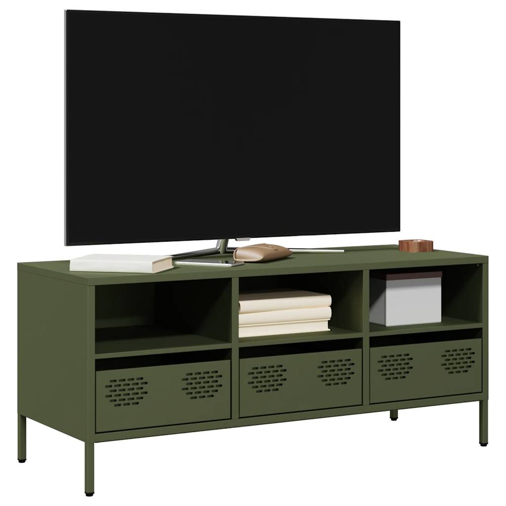 Meuble TV vert olive 101,5x39x43,5 cm acier laminé à froid