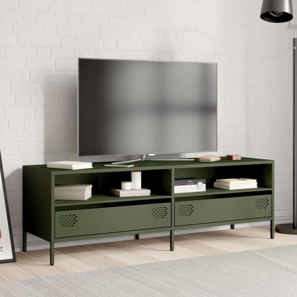 Meuble TV vert olive 135x39x43,5 cm acier laminé à froid