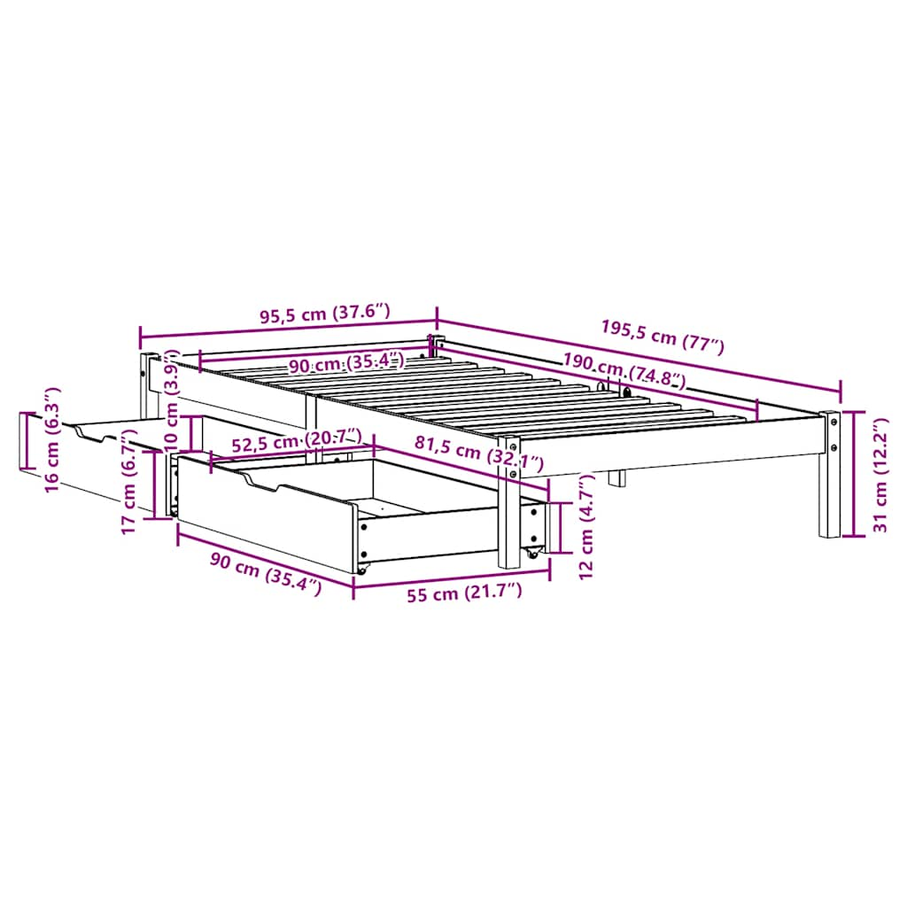 Cadre de lit sans matelas 90x190 cm bois de pin massif