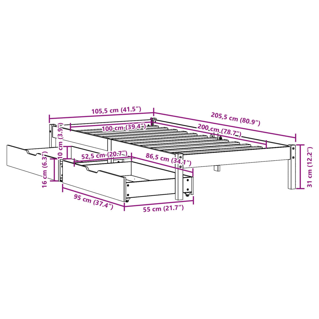 Bed frame without mattress 100x200 cm solid pine wood