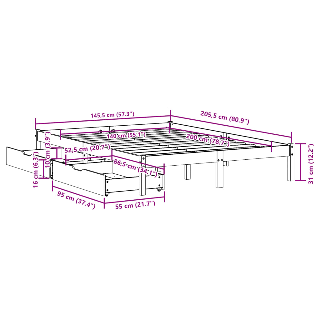 Bed frame without mattress 140x200 cm solid pine wood