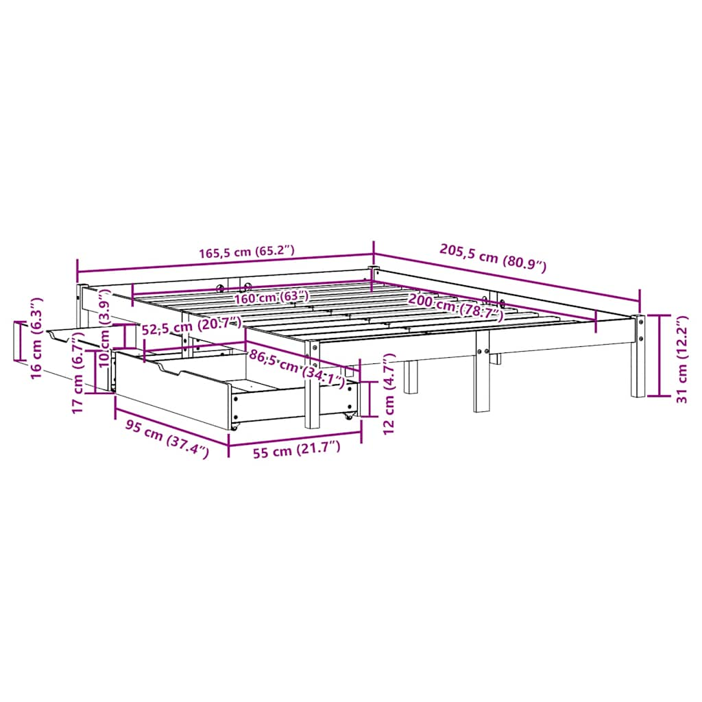 Bed frame without mattress 160x200 cm solid pine wood