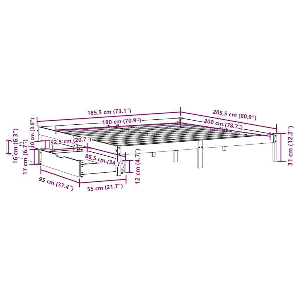 Bed frame without mattress 180x200 cm solid pine wood