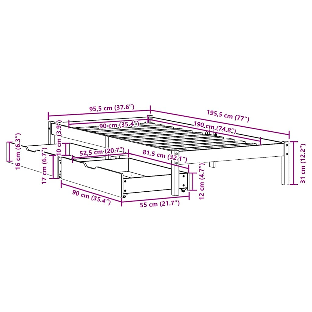 Cadre de lit sans matelas cire marron 90x190 cm bois pin massif