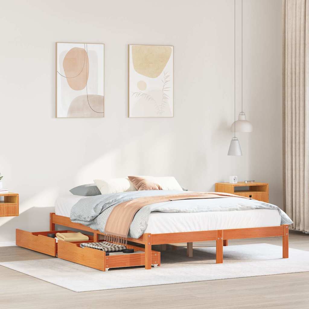 Bed frame without mattress brown wax 120x190cm solid pine wood