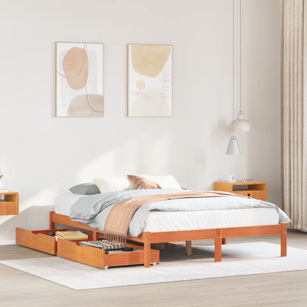 Cadre de lit sans matelas cire marron 135x190cm bois pin massif