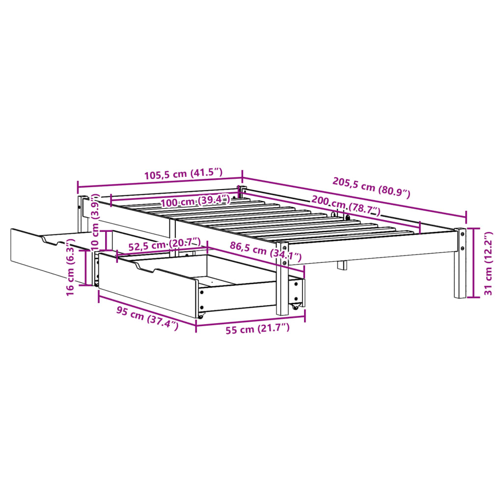 Cadre de lit sans matelas cire marron 100x200cm bois pin massif