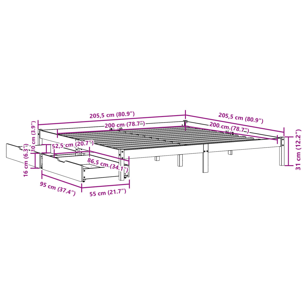 Bed frame without mattress brown wax 200x200cm solid pine wood