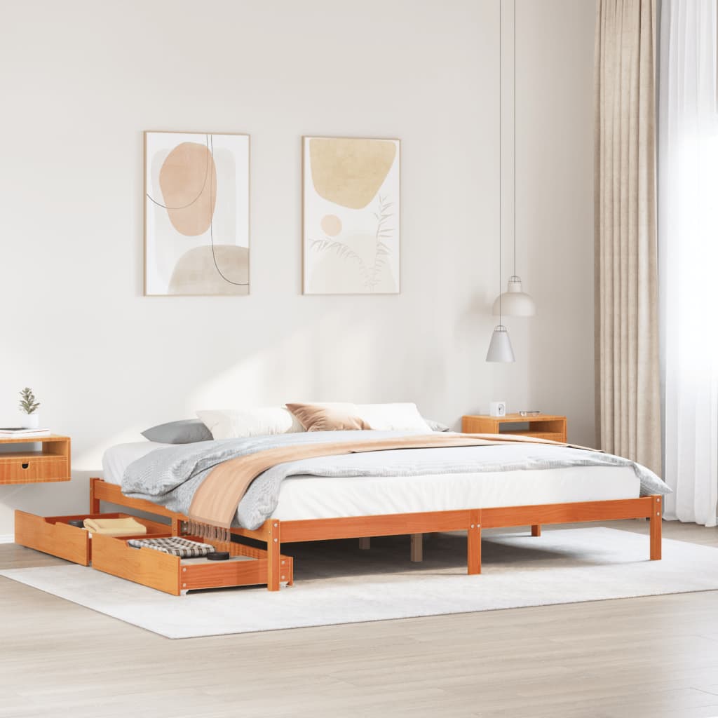 Bed frame without mattress brown wax 200x200cm solid pine wood