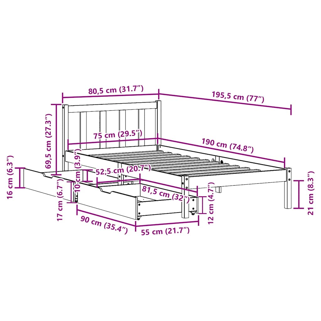 Cadre de lit sans matelas 75x190 cm bois de pin massif