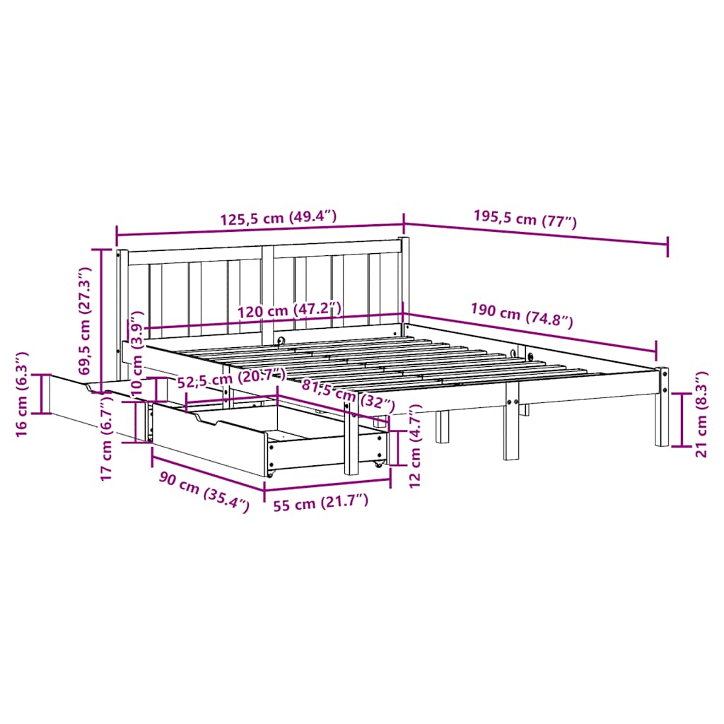 Cadre de lit sans matelas 120x190 cm bois de pin massif