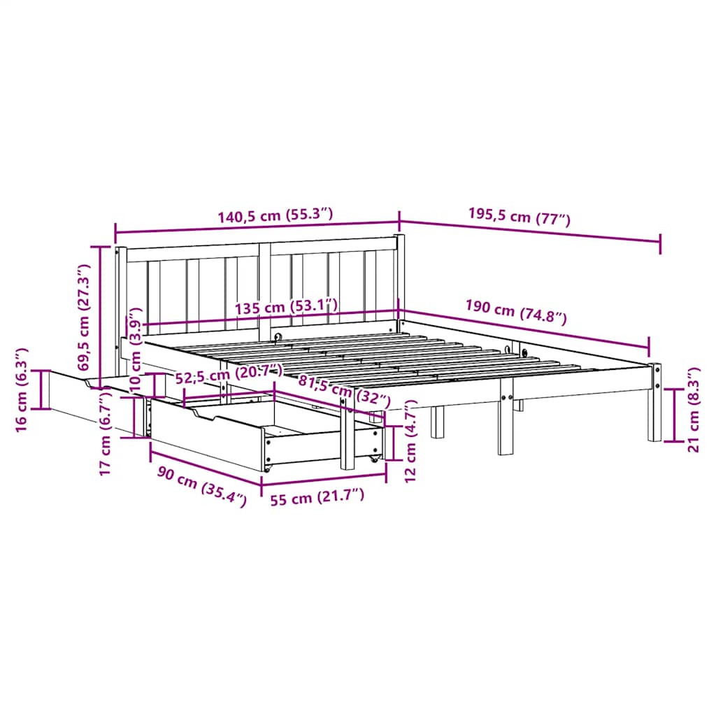 Cadre de lit sans matelas 135x190 cm bois de pin massif