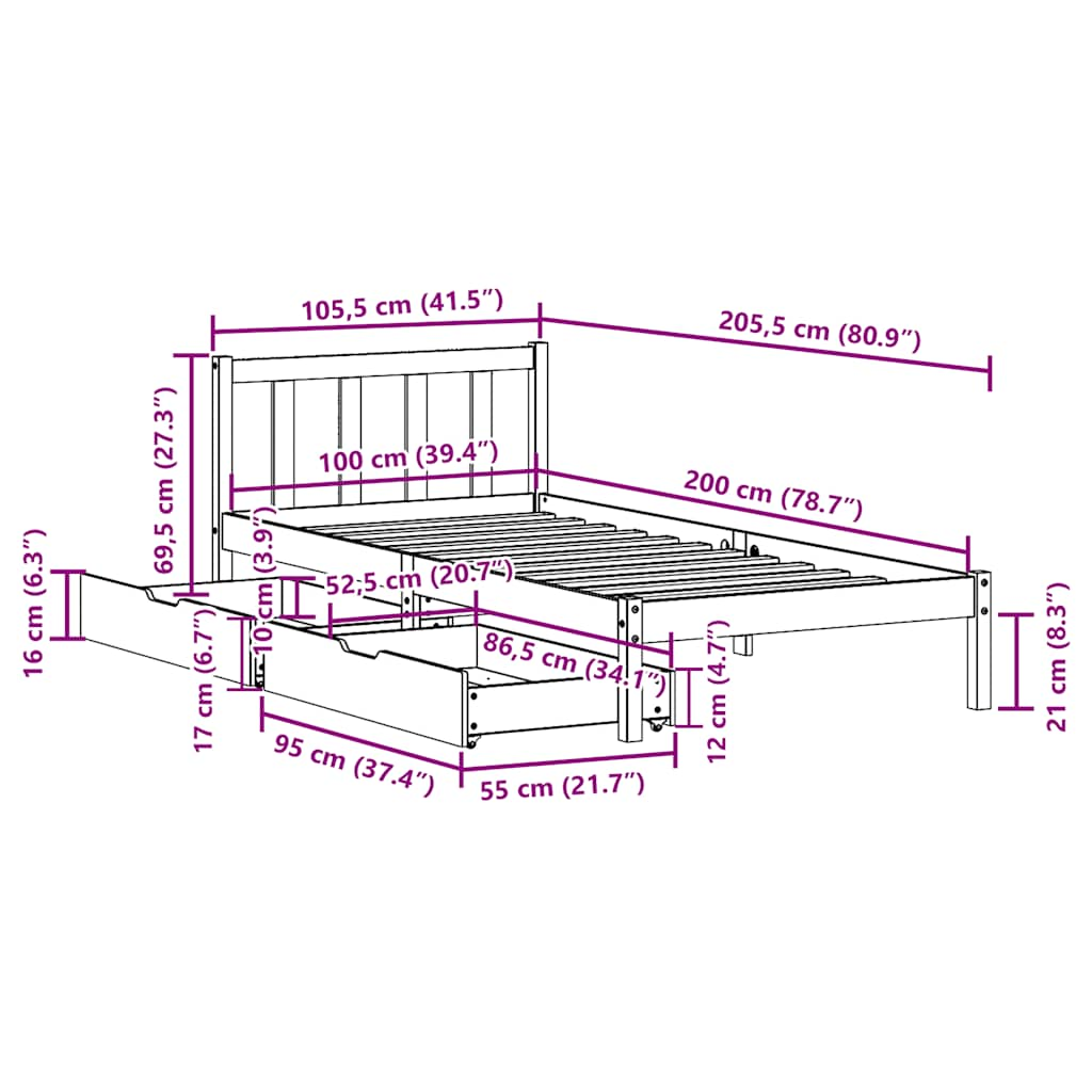 Bettgestell ohne Matratze 100x200 cm aus massivem Kiefernholz