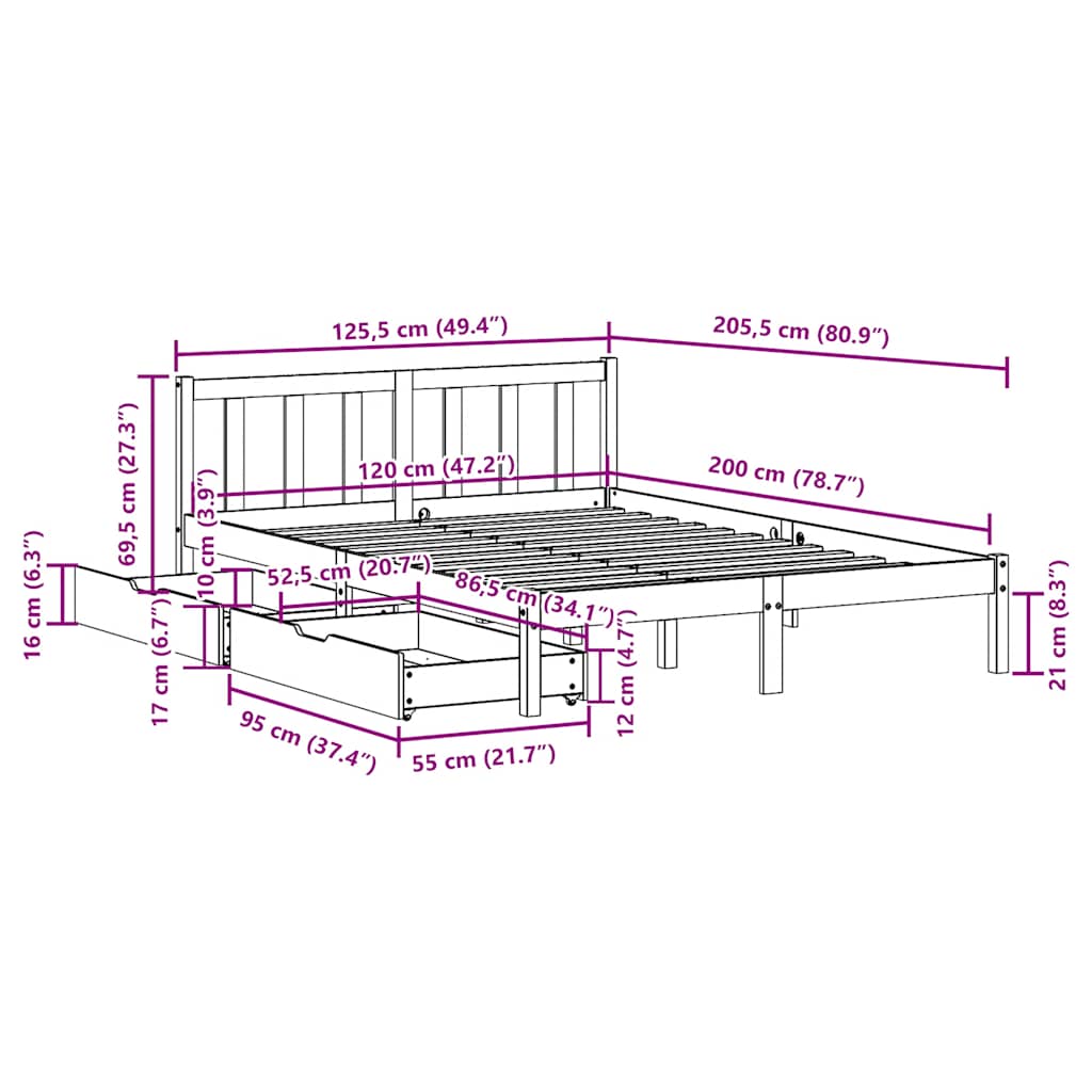 Cadre de lit sans matelas 120x200 cm bois de pin massif