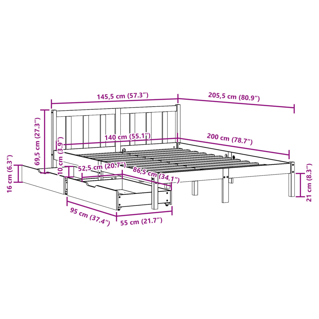 Cadre de lit sans matelas 140x200 cm bois massif de pin