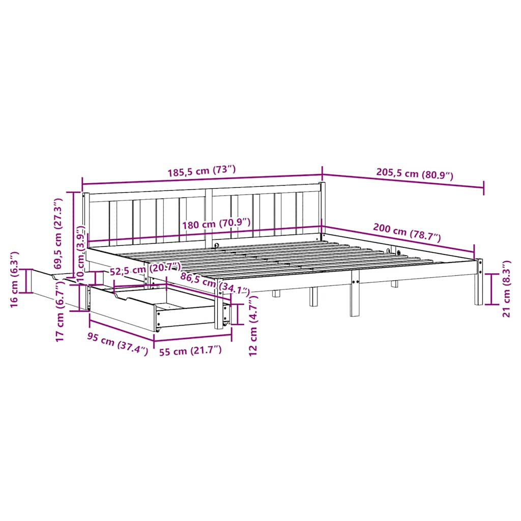 Bed frame without mattress 180x200 cm solid pine wood