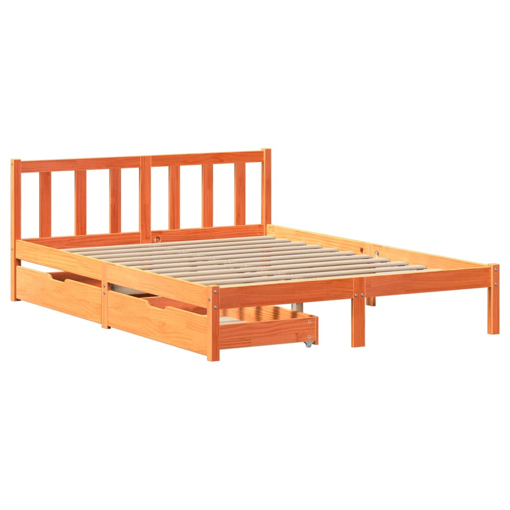 Bed frame without mattress brown wax 135x190cm solid pine wood