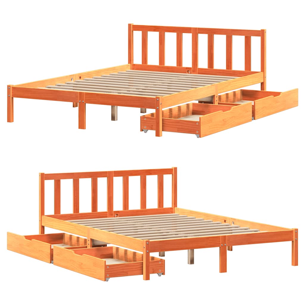 Bed frame without mattress brown wax 135x190cm solid pine wood