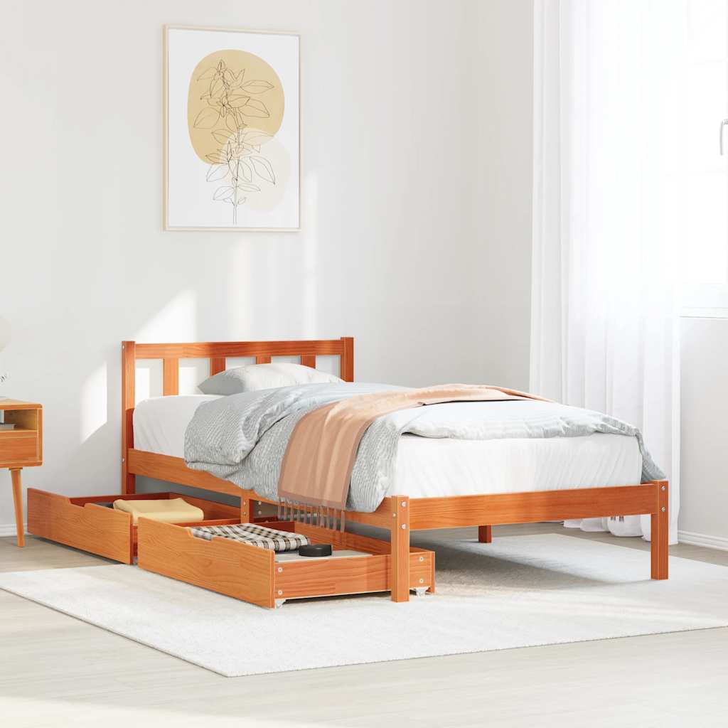 Bed frame without mattress brown wax 100x200cm solid pine wood