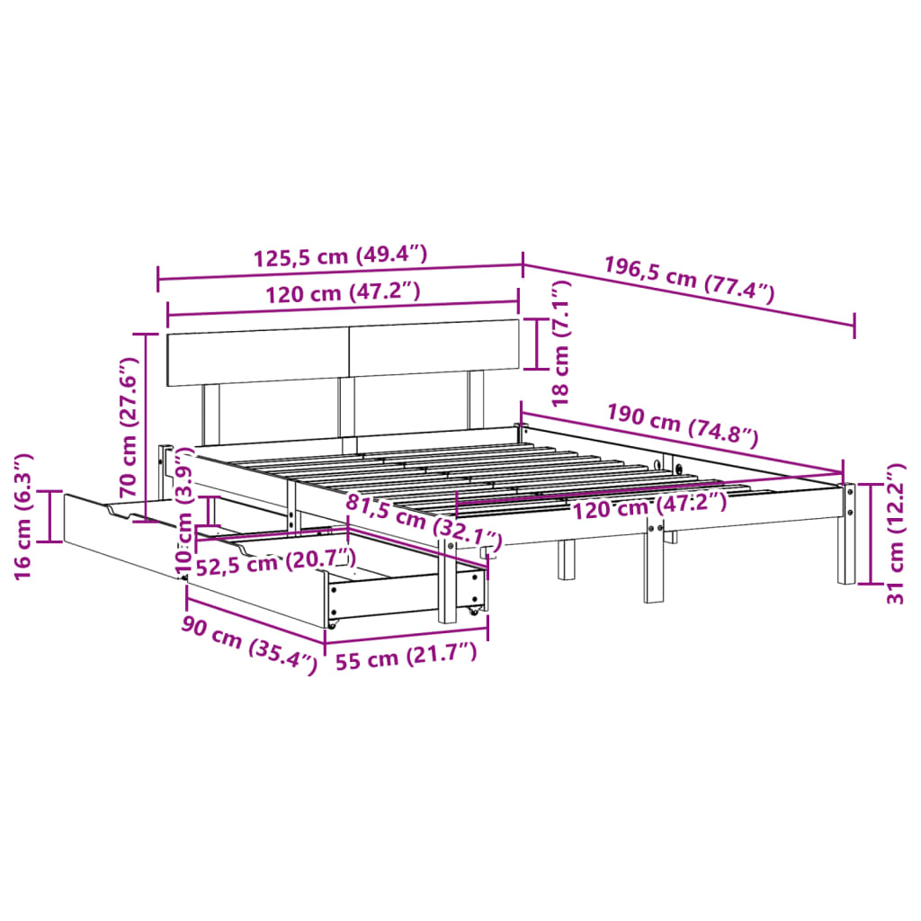 Cadre de lit sans matelas 120x190 cm bois de pin massif