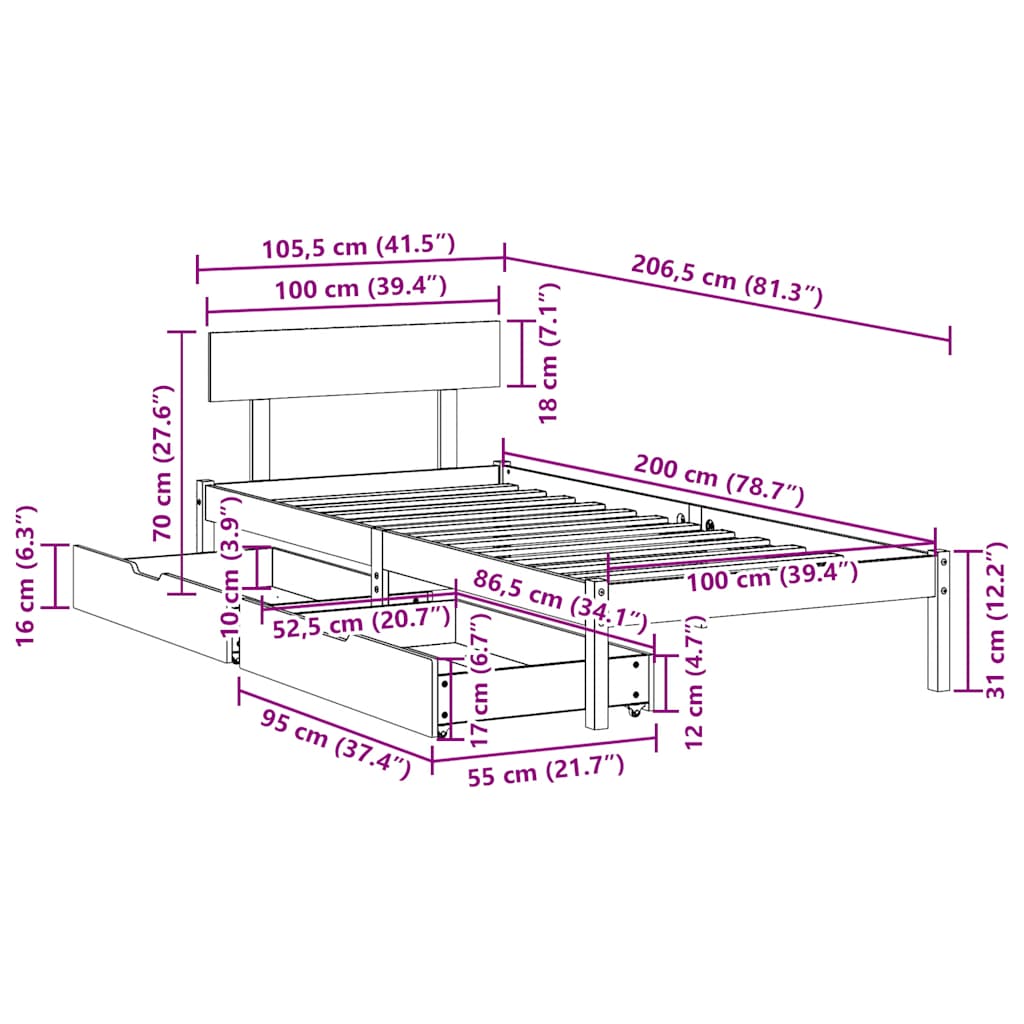 Cadre de lit sans matelas 100x200 cm bois massif de pin