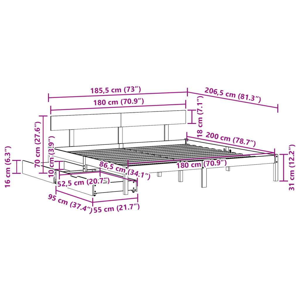 Bed frame without mattress 180x200 cm solid pine wood