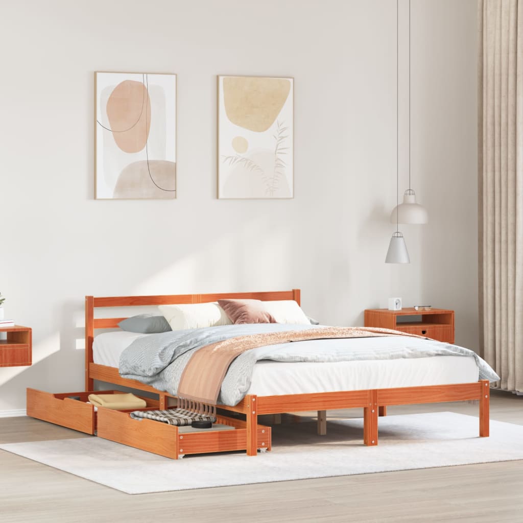 Bed frame without mattress brown wax 140x200cm solid pine wood