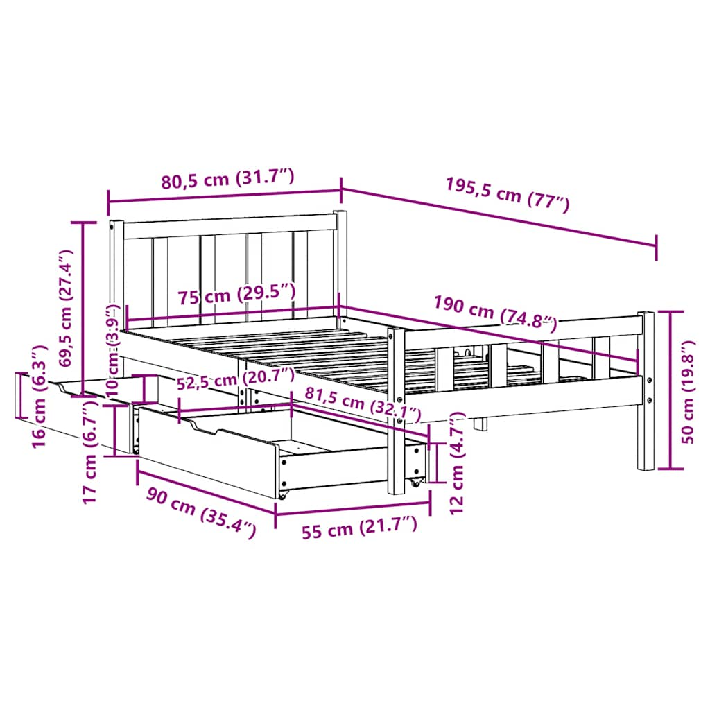 Cadre de lit sans matelas 75x190 cm bois de pin massif