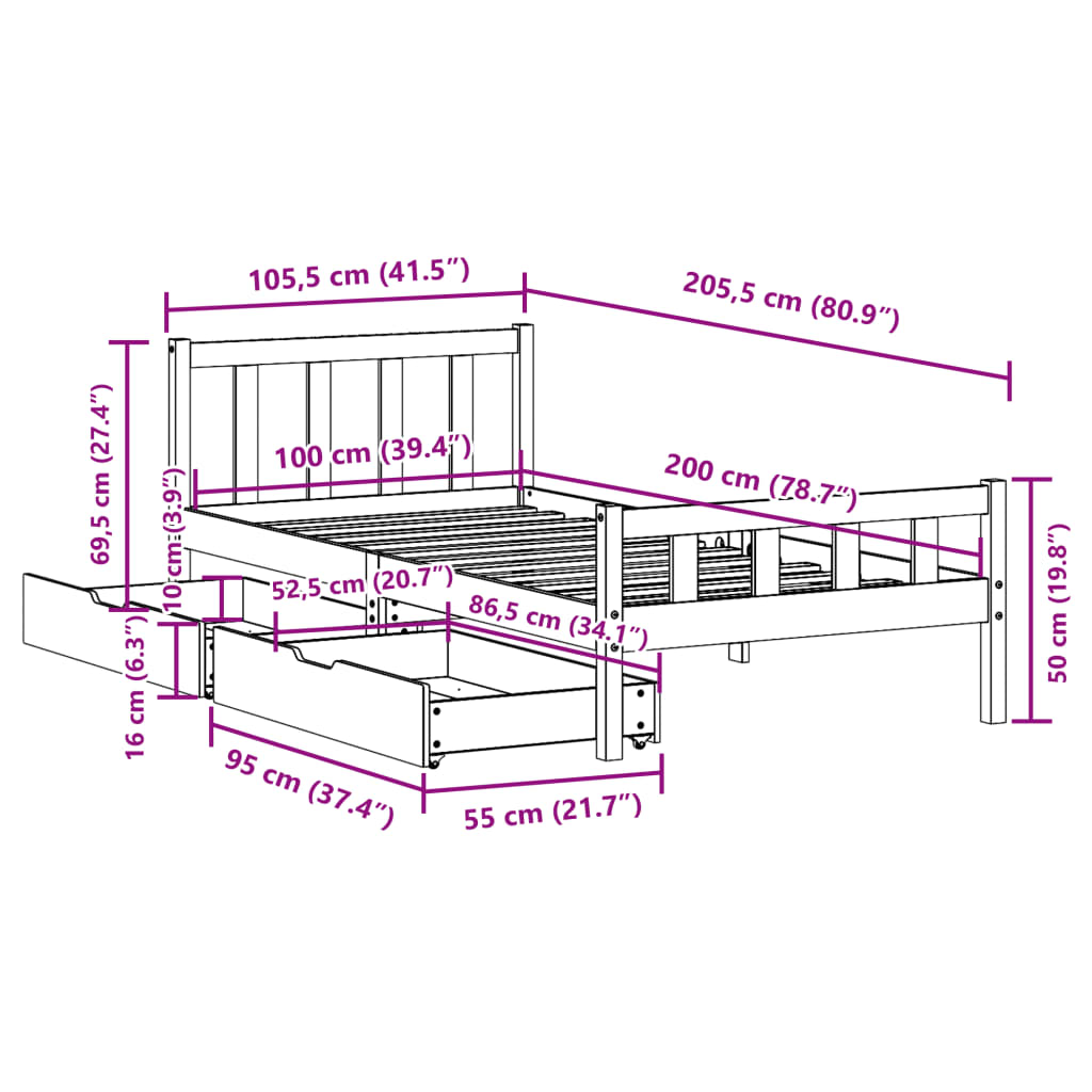 Cadre de lit sans matelas 100x200 cm bois massif de pin