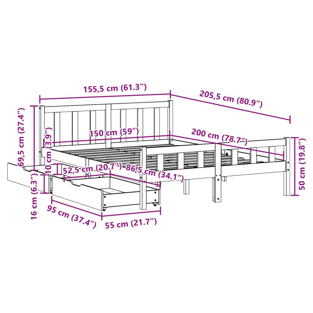 Cadre de lit sans matelas 150x200 cm bois de pin massif