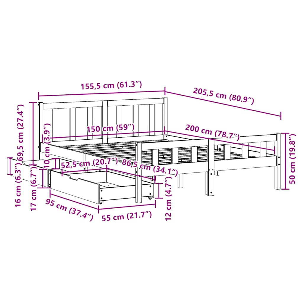 Cadre de lit sans matelas cire marron 150x200cm bois pin massif