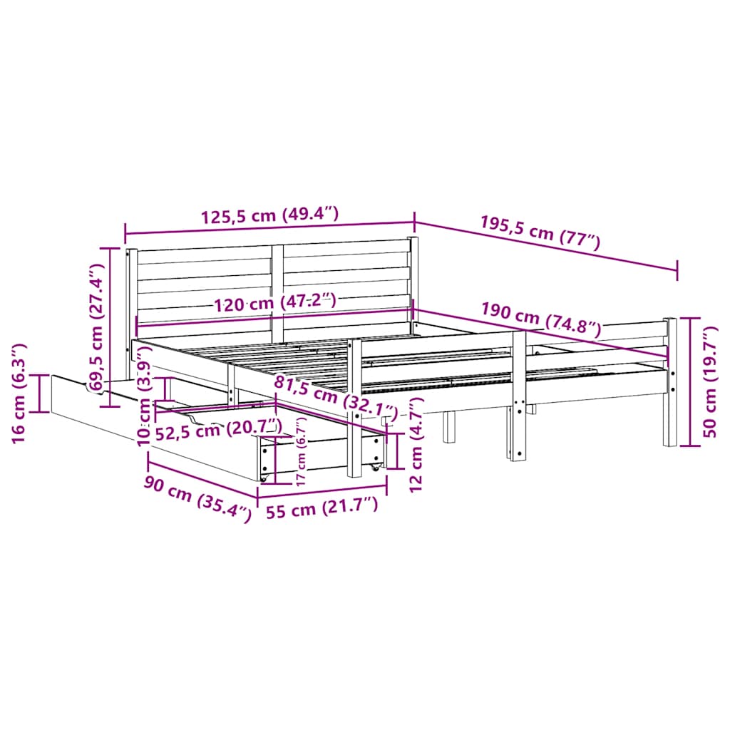 Cadre de lit sans matelas 120x190 cm bois de pin massif