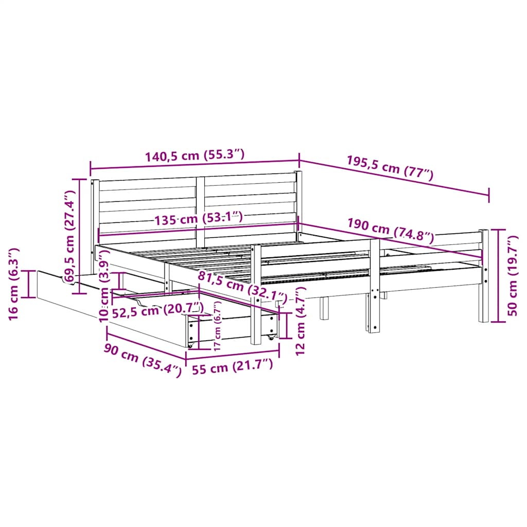 Cadre de lit sans matelas 135x190 cm bois de pin massif